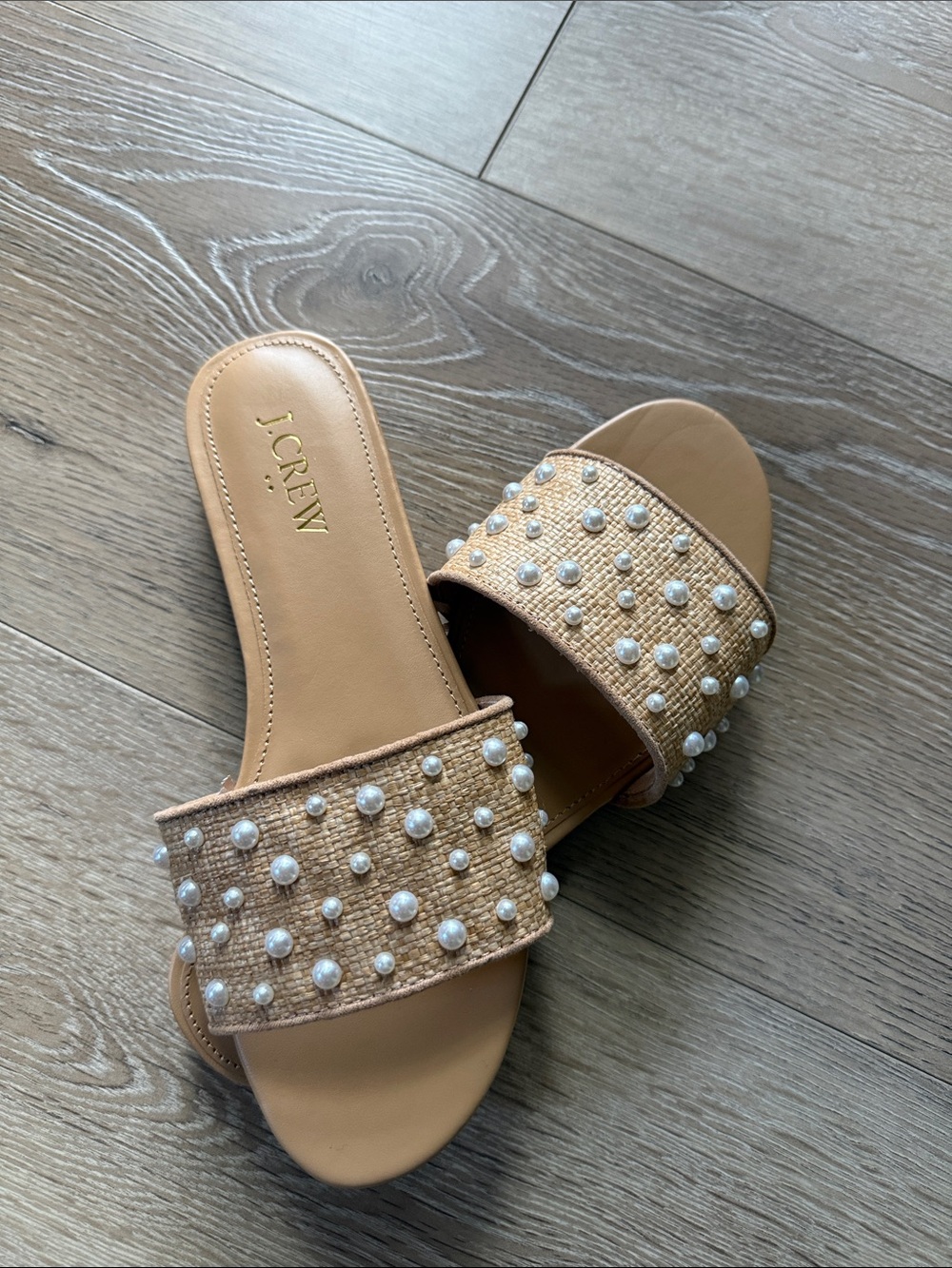 J. Crew Tan Pearl-Embellished Slide Mules